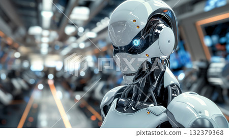 A close-up portrait of an advanced humanoid robot with a sleek white design and blue glowing eyes in a futuristic setting. A close-up portrait of an advanced humanoid robot with a sleek white design and blue glowing eyes in a futuristic setting. 132379368