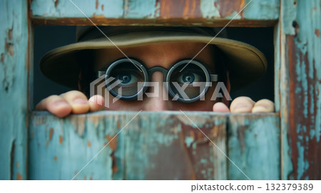 A pair of curious eyes with round glasses peeking through the wooden slats of a rustic window, invoking a sense of mystery. 132379389
