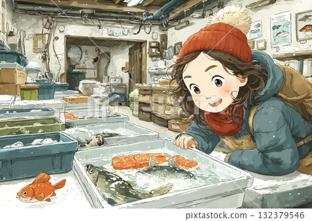 Miyu Series: A woman sorting frozen fish in a refrigerated warehouse 132379546
