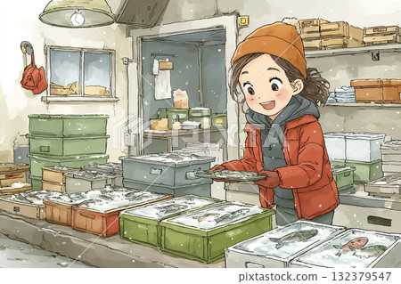 Miyu Series: A woman sorting frozen fish in a refrigerated warehouse Miyu Series: A woman sorting frozen fish in a refrigerated warehouse 132379547