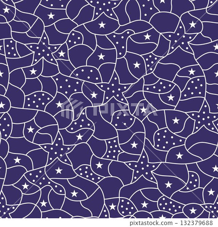 Seamless mosaic texture. Vector blue background. Geometric pattern. Lines, stars and dots. White lines and dots on blue or violet background. Seamless mosaic texture. Vector blue background. Geometric pattern. Lines, stars and dots. White lines and dots on blue or violet background. 132379688