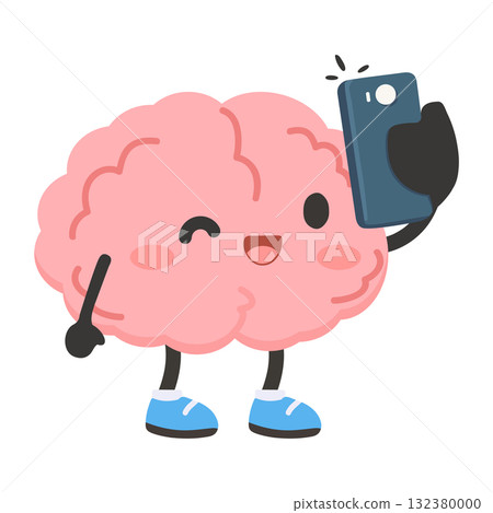 Cartoon Brain Taking Selfie with Smartphone 132380000