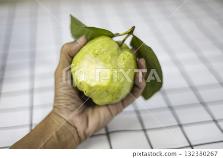 Holding A Green Guava In Hand, a fresh and vibrant scene perfect for fruit ads, healthy lifestyle campaigns, and organic product promotions. 132380267