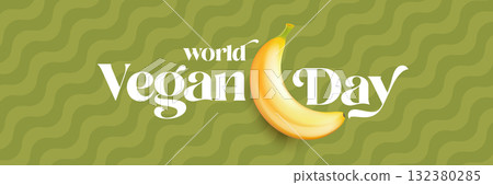 World Vegan day 1 November banner design template with banana. Vegan day green geometric banner with text and yellow banana fruit. Go Vegan. Green abstract geometric background. World Vegan day 1 November banner design template with banana. Vegan day green geometric banner with text and yellow banana fruit. Go Vegan. Green abstract geometric background. 132380285