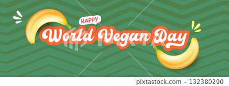World Vegan day 1 November banner design template with banana. Vegan day green geometric banner with text and yellow banana fruit. Go Vegan. Green abstract geometric background. World Vegan day 1 November banner design template with banana. Vegan day green geometric banner with text and yellow banana fruit. Go Vegan. Green abstract geometric background. 132380290