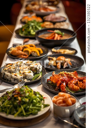 Variety of sushi rolls are presented on a plate, showcasing the colorful and fresh ingredients 132380322