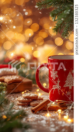 Christmas composition with gingerbread cookies, candy cane and marshmallow in a red mug. Christmas composition with gingerbread cookies, candy cane and marshmallow in a red mug. 132380325