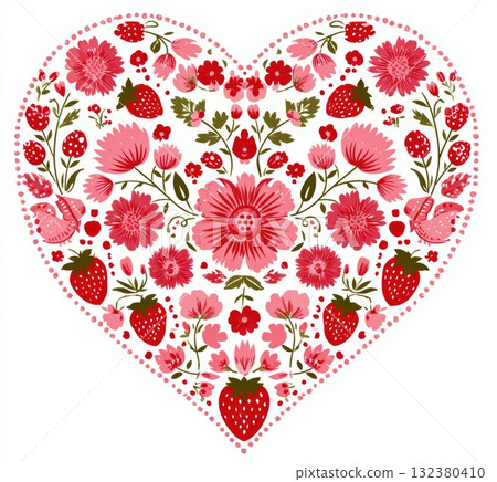 Colorful floral heart design with strawberries and flowers 132380410
