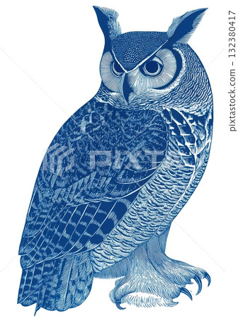 Detailed illustration of a blue owl perched calmly Detailed illustration of a blue owl perched calmly 132380417