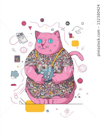 Cute pink cat character holding a book in colorful setting Cute pink cat character holding a book in colorful setting 132380424