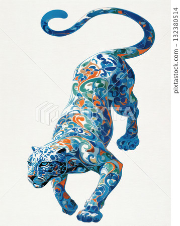 Colorful panther walking through vibrant patterns 132380514