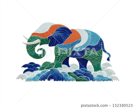 Colorful elephant sculpture with waves and patterns Colorful elephant sculpture with waves and patterns 132380523