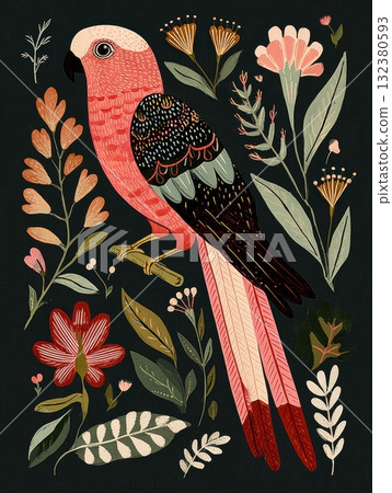 Colorful bird among flowers in a botanical design 132380593