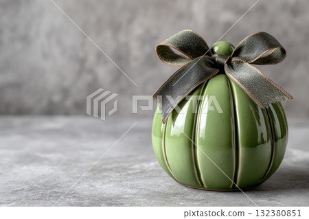 Green pumpkin with ribbon on gray Green pumpkin with ribbon on gray 132380851