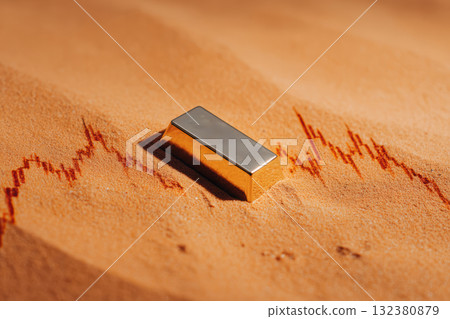 Gold bar resting on desert sand with a pattern 132380879