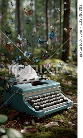 Vintage typewriter in a forest with colorful butterflies flying from a sheet of paper Vintage typewriter in a forest with colorful butterflies flying from a sheet of paper 132380882