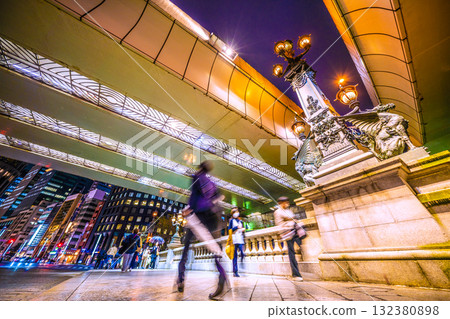 Tokyo cityscape in Japan: Nihonbashi at night. Beautiful lights under the Metropolitan Expressway... 132380898