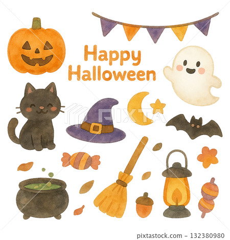 Cute Halloween character item set, watercolor style Cute Halloween character item set, watercolor style 132380980
