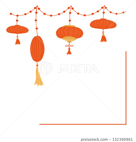 Hand drawn vector of traditional Chinese lanterns hanging on decorative strings with red and gold details Hand drawn vector of traditional Chinese lanterns hanging on decorative strings with red and gold details 132380981