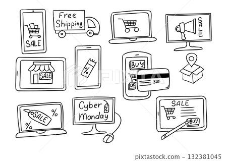 Hand drawn vector doodles of online shopping and sales with devices, credit cards, and delivery icons 132381045