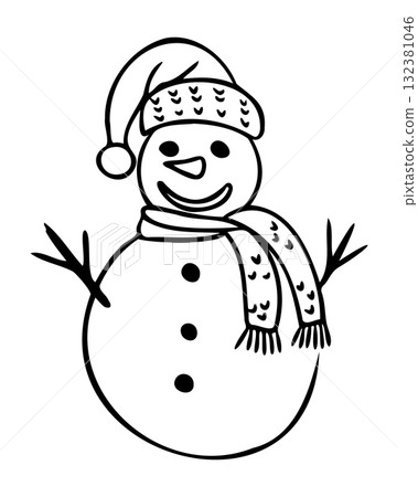 Cute hand drawn vector of a snowman wearing a hat and scarf, smiling with twig arms 132381046