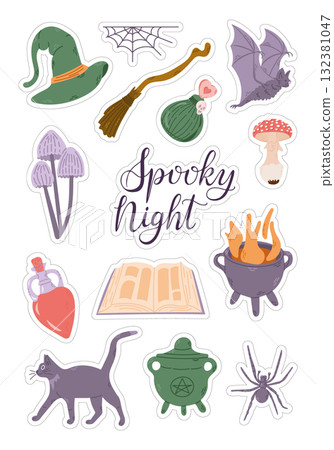 Colorful hand drawn vector stickers of witchcraft elements including hat, broom, potion, bat, and cauldron 132381047