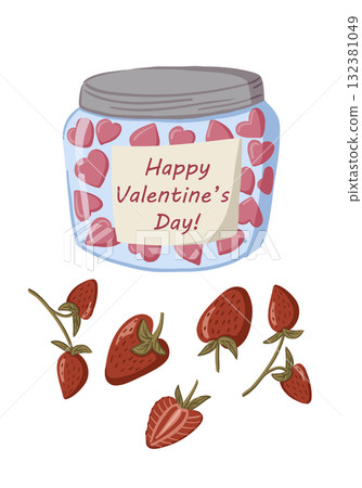 Hand drawn vector illustration of a jar filled with pink hearts and strawberries with 132381049