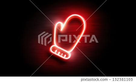 Neon mitten sign glowing against a dark textured background, showcasing vibrant colors and modern design elements for festive atmosphere 132381103