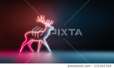 Neon deer silhouette glowing in vibrant colors against a dark background, creating a striking visual contrast and modern artistic expression Neon deer silhouette glowing in vibrant colors against a dark background, creating a striking visual contrast and modern artistic expression 132381104