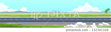 Landscape or terrain of smooth asphalt road. Tall grass and rocks covering the side of the road. Soft colors of mountains visible under blue sky and white clouds. for banner background. 132381109