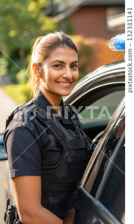 A female police officer with a warm smile interacts with residents in a friendly manner. She is on duty in a peaceful neighborhood on a bright day, promoting community relations 132381141