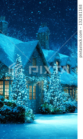 This winter holiday cabin glows warmly, decorated with festive lights. Snow blankets the ground and trees, creating a peaceful and magical nighttime scene in the mountains 132381168