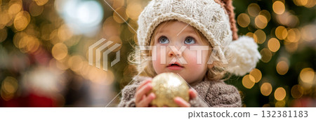 A cheerful toddler in a Santa hat is holding a shiny Christmas ornament while standing close to a decorated tree filled with lights and ornaments, bringing holiday joy, banner A cheerful toddler in a Santa hat is holding a shiny Christmas ornament while standing close to a decorated tree filled with lights and ornaments, bringing holiday joy, banner 132381183