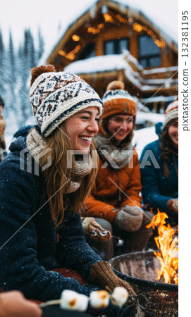 A cheerful family gathers around a fire pit outside a cozy cabin in the snow, roasting marshmallows and sharing laughter on a chilly evening 132381195
