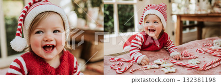 A happy toddler in a festive Santa hat sits on a soft red blanket, laughing with joy. Candy canes are nearby, creating a warm and cheerful holiday atmosphere, banner 132381198