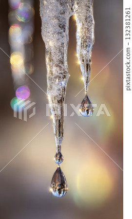 Long icicles hang from a roof, melting and forming droplets. Sunlight shines through, creating a sparkling display of colors in the background during a cold winter day Long icicles hang from a roof, melting and forming droplets. Sunlight shines through, creating a sparkling display of colors in the background during a cold winter day 132381261