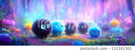 A group of fluffy fantasy monsters with bright pink, yellow, and white fur stand together amidst a colorful, glowing backdrop of stars and enchanting greenery, creating a magical atmosphere, banner 132381302