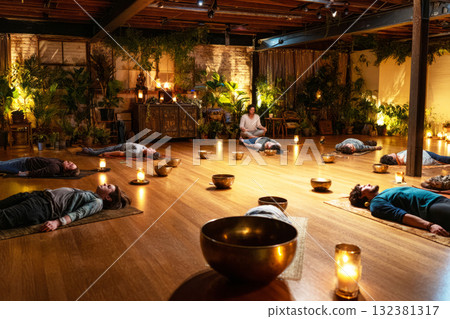 In a tranquil room filled with greenery, participants lie on mats while a facilitator leads a sound therapy session using singing bowls and candles for ambiance 132381317
