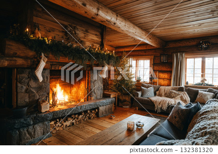 Inside a warm wooden cabin, a crackling fireplace provides comfort. The space is beautifully decorated with garlands, stockings, and a festive Christmas tree Inside a warm wooden cabin, a crackling fireplace provides comfort. The space is beautifully decorated with garlands, stockings, and a festive Christmas tree 132381320