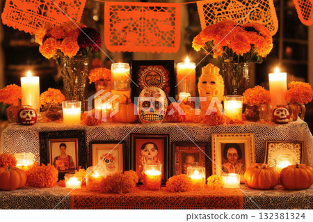 A vibrant altar displays decorative sugar skulls, candles, and marigolds surrounded by framed photos, celebrating Dia de los Muertos with warmth and color A vibrant altar displays decorative sugar skulls, candles, and marigolds surrounded by framed photos, celebrating Dia de los Muertos with warmth and color 132381324