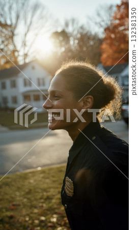 A friendly female police officer stands next to her patrol car, smiling at the camera as the sun sets behind her, showcasing a warm, community-focused moment 132381350