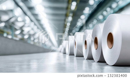 Rolls of white paper are neatly arranged in a modern industrial facility, showcasing the production process and emphasizing quality materials and design Rolls of white paper are neatly arranged in a modern industrial facility, showcasing the production process and emphasizing quality materials and design 132381400
