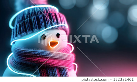 Cheerful snowman wearing a colorful knitted hat and scarf, illuminated with glowing neon lights, creating a festive winter atmosphere 132381401