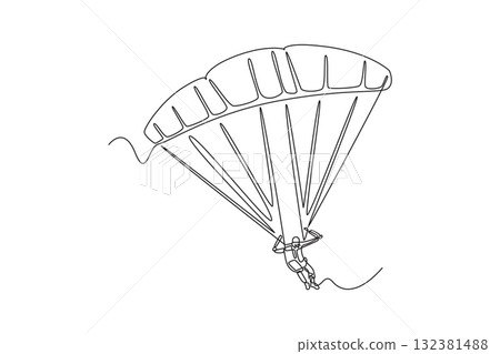 Continuous one line drawing person is paragliding, suspended beneath fully inflated chute and flying with outstretched arms. Freedom extreme sport. Single line draw design vector graphic illustration 132381488