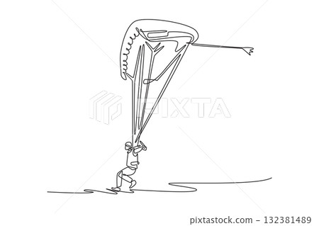 Continuous one line drawing adventure person is paragliding, preparing for takeoff, controlling the chute, balance and readiness for extreme sport. Single line draw design vector graphic illustration 132381489