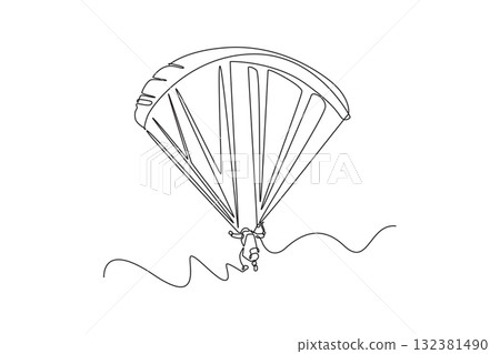 Continuous one line drawing brave person is paragliding, suspended high beneath fully inflated chute, thrill and airborne freedom of extreme sport. Single line draw design vector graphic illustration 132381490