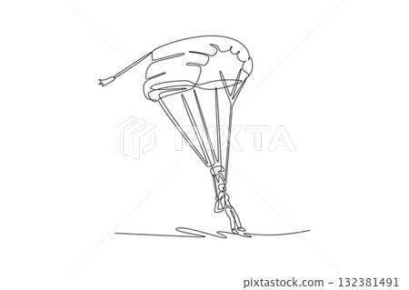 Continuous one line drawing person is paragliding, suspended high beneath large chute, preparing for landing. Airborne freedom of the extreme sport. Single line draw design vector graphic illustration 132381491