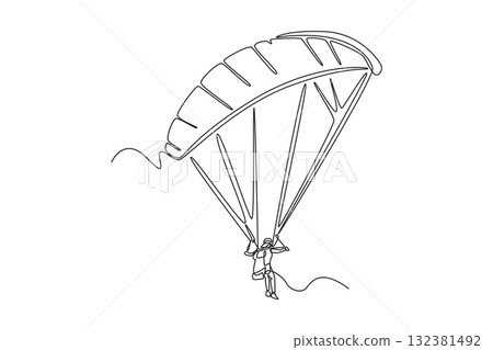 Continuous one line drawing brave person is paragliding, suspended high beneath fully inflated chute, thrill and airborne freedom of extreme sport. Single line draw design vector graphic illustration 132381492