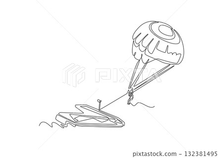 Single continuous line drawing person is parasailing high over water, towed by boat with fully inflated parachute, thrill and airborne freedom. Dynamic one line draw graphic design vector illustration 132381495
