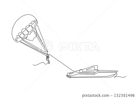 Single continuous line drawing person is parasailing, suspended beneath parachute and towed by speed boat. Thrill and airborne freedom extreme sport. One line draw graphic design vector illustration Single continuous line drawing person is parasailing, suspended beneath parachute and towed by speed boat. Thrill and airborne freedom extreme sport. One line draw graphic design vector illustration 132381496